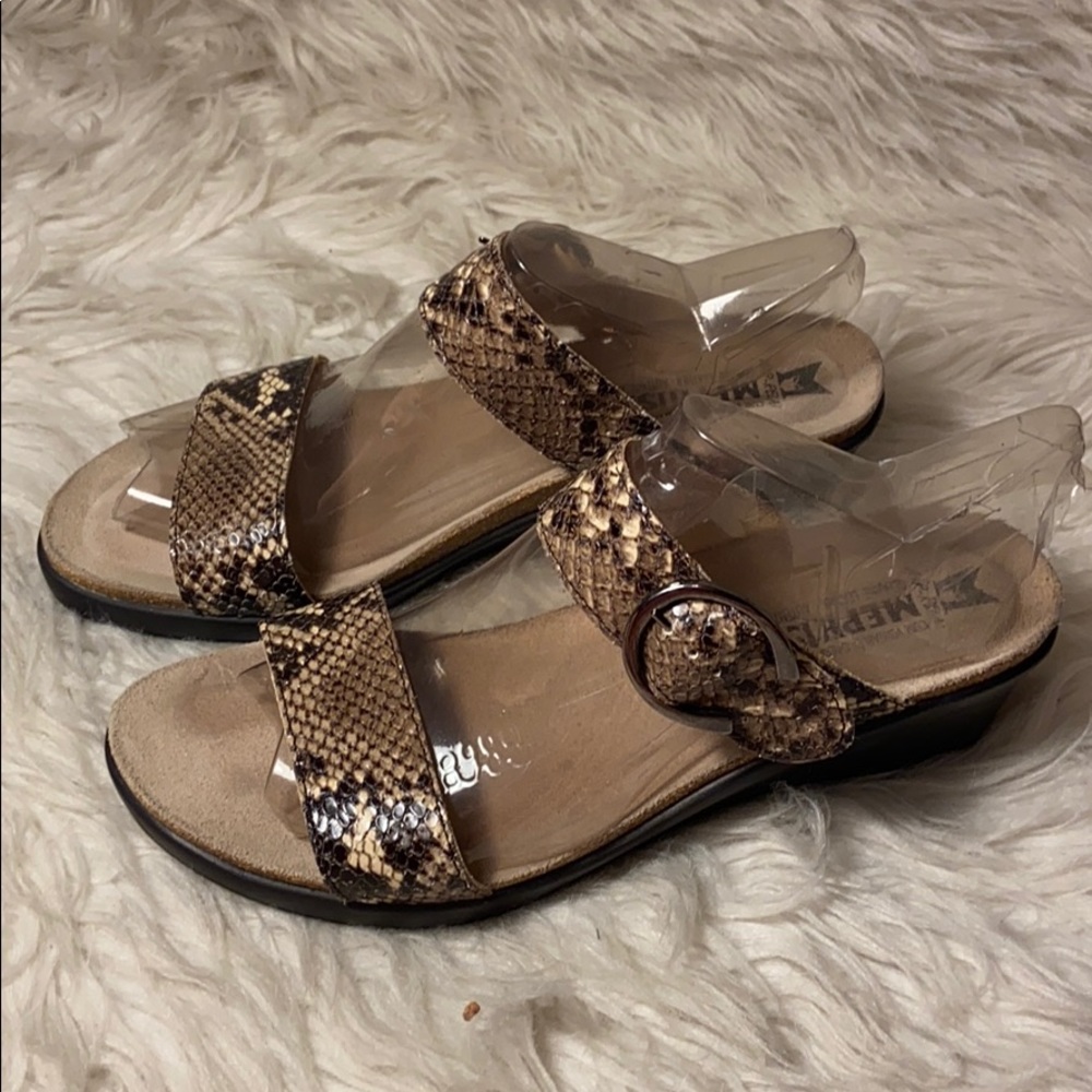 Like new Mephisto snake print wedge sandals
